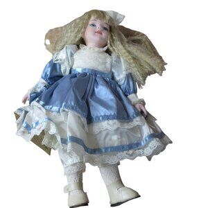 Seymour Mann Porcelain 17" Doll Blue & White Victorian Style Dress #383 VTG 1989